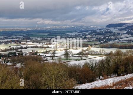 Berkeley Vale après la neige légère, vue de Cam long Down, Dursley, Gloucestershire Banque D'Images