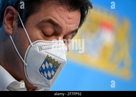 Munich, Allemagne. 07e avril 2021. Markus Söder (CSU), Premier ministre de Bavière, assiste à une dernière conférence de presse après la réunion du cabinet bavarois. Credit: Peter Kneffel/dpa/Alay Live News Banque D'Images