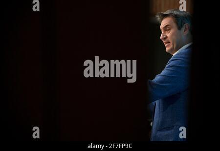 Munich, Allemagne. 07e avril 2021. Markus Söder (CSU), Premier ministre de Bavière, assiste à une dernière conférence de presse après la réunion du cabinet bavarois. Credit: Peter Kneffel/dpa/Alay Live News Banque D'Images