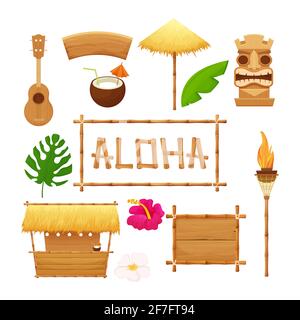 Hawaiian ensemble de vacances éléments traditionnels dans le style de dessin animé isolé dans fond blanc. Bar de plage avec paille, parapluie, cadres et décorations en bois, ukulele, lampe de bambou, masque tiki et hibiscus. Illustration vectorielle Illustration de Vecteur