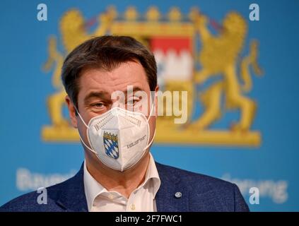 Munich, Allemagne. 07e avril 2021. Markus Söder (CSU), Premier ministre de Bavière, assiste à une dernière conférence de presse après la réunion du cabinet bavarois. Credit: Peter Kneffel/dpa/Alay Live News Banque D'Images