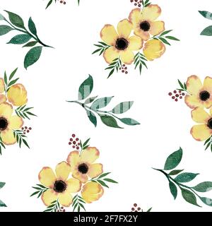 Motif printanier sans couture avec fleurs et branches jaunes, décoration florale vintage, illustration botanique aquarelle avec fleurs d'anémone Banque D'Images