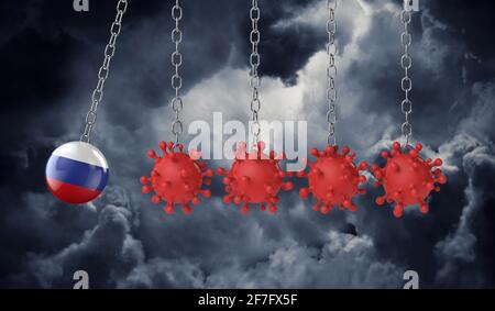 La balle de drapeau russe frappe une ligne de molécules de coronavirus. Rendu 3D Banque D'Images