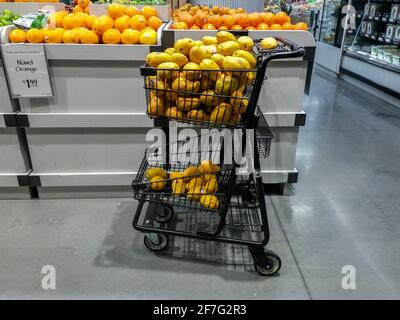 New York, États-Unis. 04e avril 2021. Un chariot plein de mangos est vu dans le rayon des produits d'un supermarché à New York le dimanche 4 avril 2021. (Photo de Richard B. Levine) crédit: SIPA USA/Alay Live News Banque D'Images