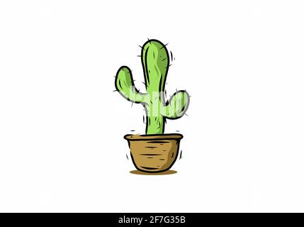 Cactus vert en pot marron ligne art dessin illustration Illustration de Vecteur