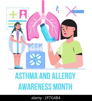 Vecteur de concept du mois de sensibilisation à l'asthme et aux allergies. Un événement médical est observé en mai. Syndrome asthmatique pour les soins de santé bannière, circulaire. Patient, médecin Illustration de Vecteur