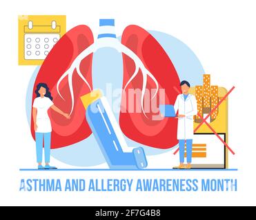 Vecteur de concept du mois de sensibilisation à l'asthme et aux allergies. Un événement médical est observé en mai. Syndrome asthmatique pour les soins de santé bannière, circulaire. Patient, médecin Illustration de Vecteur