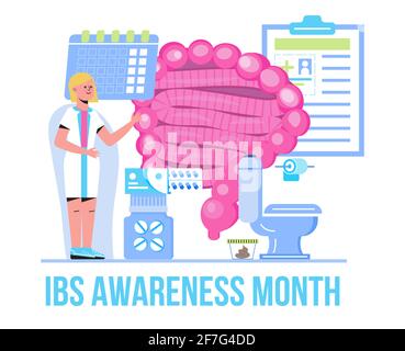 Mois de sensibilisation au syndrome du côlon irritable observé en avril. Vecteur de concept d'événement médical IBS. Les médecins minuscules traitent les maladies intestinales. Illustration de Vecteur