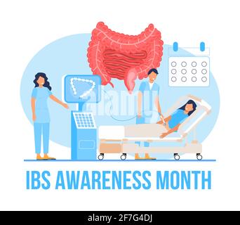 Mois de sensibilisation au syndrome du côlon irritable observé en avril. Vecteur de concept d'événement médical IBS. Les médecins minuscules traitent les maladies intestinales. Illustration de Vecteur