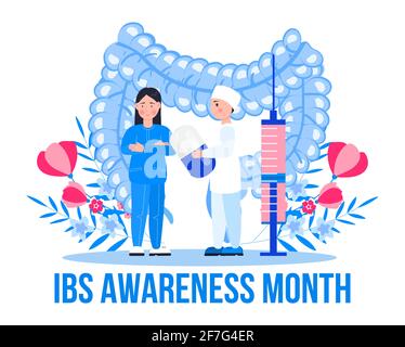 Mois de sensibilisation au syndrome du côlon irritable observé en avril. Vecteur de concept d'événement médical IBS. Les médecins minuscules traitent les maladies intestinales. Illustration de Vecteur