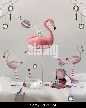 Une fête de thé surréaliste avec un flamant rose sur une table avec des horloges, des clés et de la douceur Banque D'Images