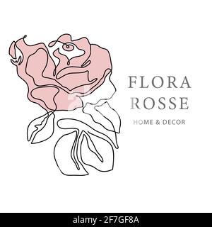 Outline rose une ligne de logo de fleur et d'art d'affiche. Abstrait vecteur plante icône à la mode. Nature moderne beauté rose forme romantique. Illustration de Vecteur