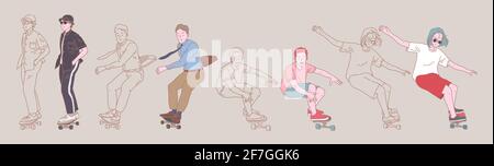 les jeunes gens surf skate et skate poser de style organique plat design lineal vecteur jeu illustration. Illustration de Vecteur