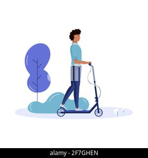 Les jeunes hommes marchent et conduisent le transport écologique de la ville dans le parc public. Transport électrique personnel, scooter électrique vert, gyroscooter ou vélo. Ecologica Illustration de Vecteur