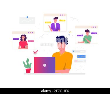 Concept de freelance, visioconférence, espace de réunion en ligne. Modèle de conception de freelances prenant avec l'employé pour le rapport, la circulaire, le marketing, LEAF Illustration de Vecteur