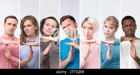 Collage de portraits jeunes hommes et femmes millénial montrant le temps hors des mains gestuelle. Banque D'Images