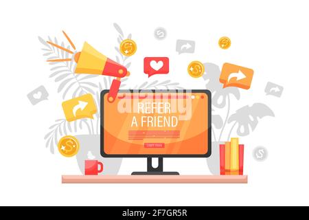 Recommandez UN ami concept Design, les gens partagent des informations sur la recommandation et gagnent de l'argent avec le haut-parleur de grande taille. Adapté à la page d'arrivée Web, à l'interface utilisateur et à l'application mobile Illustration de Vecteur