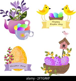 Mettez des icônes avec des attributs pour les poulets de Pâques, les oeufs, la théière avec des fleurs et une tasse. Illustration de Vecteur