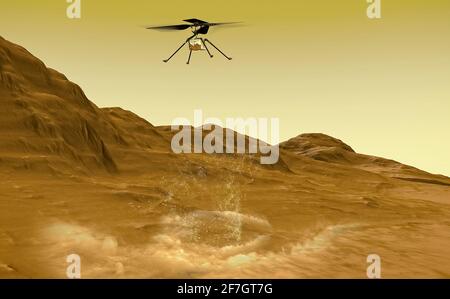 Le drone-hélicoptère Ingenuity s'est séparé du mobile persévérance sur Mars et se prépare à son premier vol. rendu 3d. NASA Banque D'Images