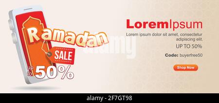 ramadan solde jusqu'à 50% de signe devant le smartphone. réduction promotionnelle ramadan illustration vectorielle élégante Illustration de Vecteur