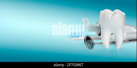 Blanche grande dent saine et différents outils pour les soins dentaires. Sur fond dentaire en dégradé, taille de la bannière. Banque D'Images