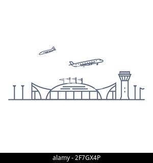 Icône de vecteur de la ligne d'aéroport - pictogramme linéaire de l'aérogare et des avions isolés sur fond blanc. Illustration vectorielle Illustration de Vecteur