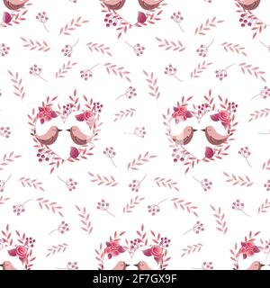 Motif oiseaux roses. Une couronne de feuilles, de fleurs et de baies. Illustration de Vecteur