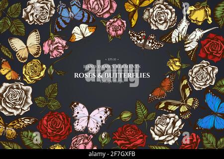 Motif floral sur fond sombre avec morpho bleu du menelaus, espadon géant, papillon au citron, lacuse rouge, queue d'allowtail géant africain, alcides Illustration de Vecteur