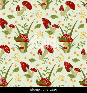 Champignons dans l'herbe avec une chenille et des baies. Illustration de Vecteur