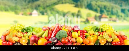 Fruits et légumes mûrs sur fond de paysage rural Banque D'Images