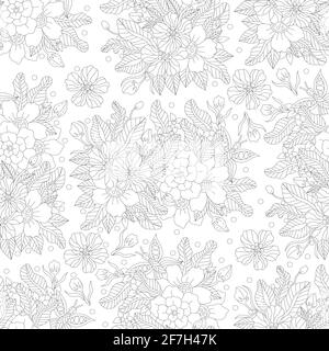 Motif de fleurs sans couture pour album de coloriage pour adultes. Illustration vectorielle dessinée à la main. Illustration de Vecteur