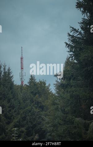 Grand mât d'antenne pour les répéteurs 3G, 4G et 5G au milieu de la forêt ou de la nature. La tehnologie controversée dans la nature sauvage. Vue panoramique. Banque D'Images