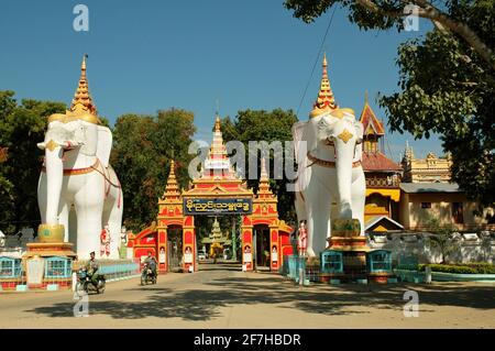 Éléphants blancs à l'entrée de la pagode Thanboddhay près de Monywa, Myanmar Banque D'Images