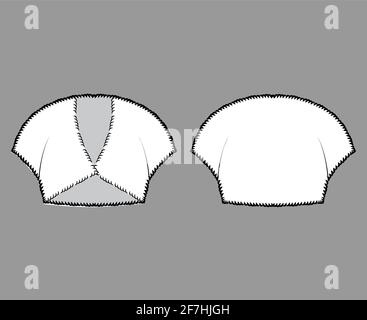 Boléro en fausse fourrure illustration technique de la mode avec col en V, manches à capuchon, style découpé, corps ajusté, longueur de la coupe. Vêtements sans pinces à l'avant, à l'arrière, de couleur blanche. Femmes, hommes unisex CAD maquette Illustration de Vecteur