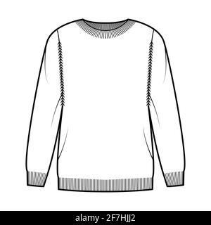 Sweat-shirt technique de mode avec col ras du cou côtelé, manches longues, large, longueur cuisse, bordure en tricot. Pull-over plat sur le devant, style blanc. Femmes, hommes unisex CAD maquette Illustration de Vecteur