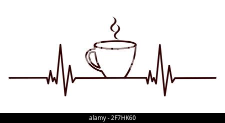 Concept de pulsation du café. Ligne de cardiogramme et tasse d'espresso, de thé ou de chocolat chaud avec fumée d'arôme isolée sur fond blanc. Élément de design pour café ou boutique. Illustration vectorielle. Illustration de Vecteur