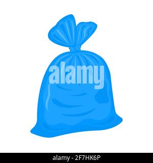 Sac poubelle en plastique rempli isolé sur fond blanc. Emballage bleu avec poubelle. Ensemble de déchets liés. Illustration de dessin animé vectoriel. Illustration de Vecteur