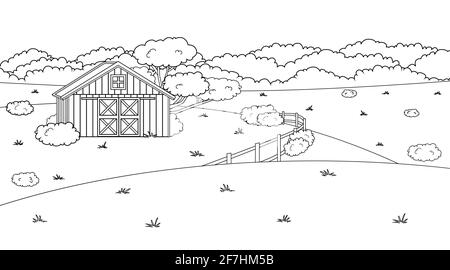 Noir blanc monochrome dessin animé Doodle vecteur mignon été ou ferme de printemps dans la campagne. Grange rouge, clôture, champs et arbres, buissons et plantes pour Illustration de Vecteur