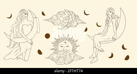 Astrologie femme céleste sacré boho lady line art ésotérique linéaire nuage lune et vecteur étoile. Illustration de Vecteur