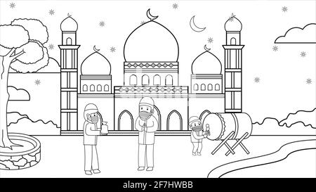 Pendant la pandémie de corona, l'activité musulmane et priez.le pardon de salutation, les garçons frappant beud traditionnel tambour asiatique musulman, en utilisant des masques et des professionnels de la santé Illustration de Vecteur