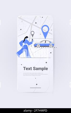 femme d'affaires commandant un taxi dans l'application mobile de transport de voiture de partage de service concept de covoiturage Illustration de Vecteur