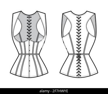 Gilet sans manches corset illustration technique de la mode avec sans manches, fermeture à laçage en cordon dans le dos, coupe près du corps, baleines. Modèle de vêtement plat sur le devant, style blanc. Femmes, hommes, unisex top CAD maquette Illustration de Vecteur