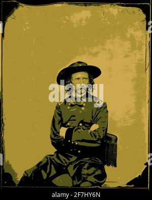 Un portrait photographique en 1885 du major général George Armstrong Custer colorisé numériquement pour un effet artistique. Banque D'Images