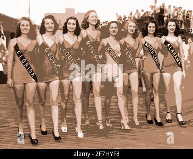 Photographie publicitaire de Miss American à la fin des années 1940, à Atlantic City, dans le New Jersey, modifiée numériquement et colorisée pour un effet artistique. Banque D'Images