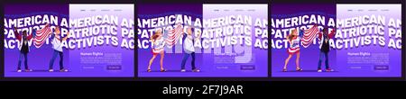 Les pages d'arrivée de caricatures des droits de l'homme avec des personnes multiraciales ont le drapeau des États-Unis. Mouvement patriotique américain. Des femmes ou des hommes à peau blanche et noire protestent sur une manifestation d'émeute, des bannières de vecteur web ensemble Illustration de Vecteur