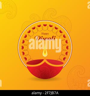 Diwali Festival Banner fond traditionnel avec Diya et Paisley Design sur la couleur jaune orange. Illustration de Vecteur