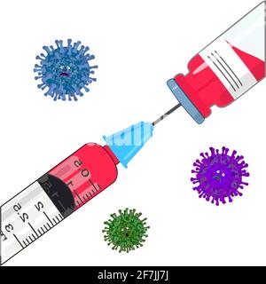 Une seringue avec un vaccin. Une bouteille de médicaments. Les virus ont peur. Illustration Banque D'Images