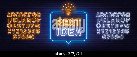 Meilleure idée néon signe dans la bulle de la parole sur fond de mur de brique. Alphabet jaune et blanc au néon. Illustration de Vecteur
