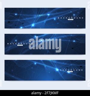 Ensemble de vecteur scientifique moderne des bannières. La structure d'ADN avec des lignes et points. La science et technologie concept. Graphique de flux d'onde Illustration de Vecteur