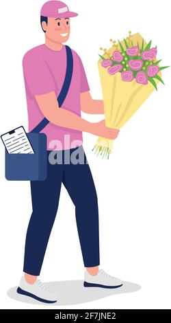 Coursier caucasien souriant avec bouquet plat couleur vecteur caractère détaillé Illustration de Vecteur